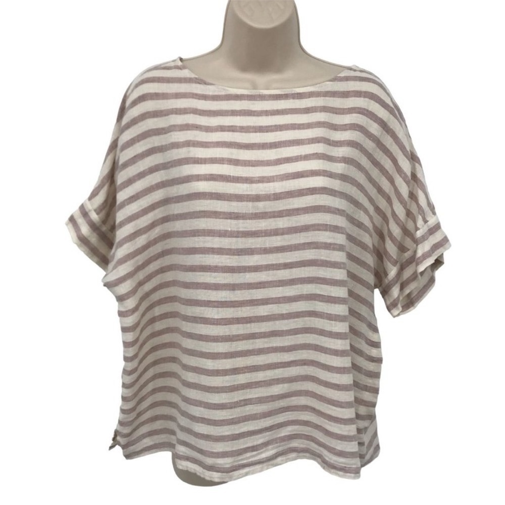 Sigrid Olsen Womens 100% Linen Cream Mauve Stripe Short Sleeve Boxy Blouse M